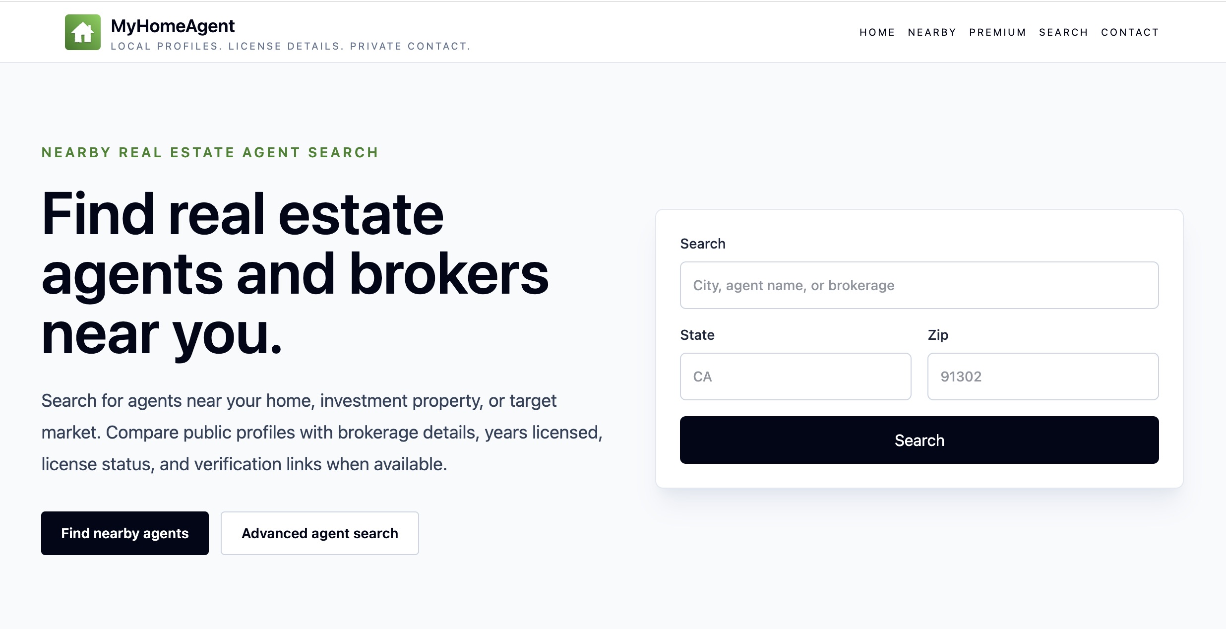 MyHomeAgent consumer real estate agent search page