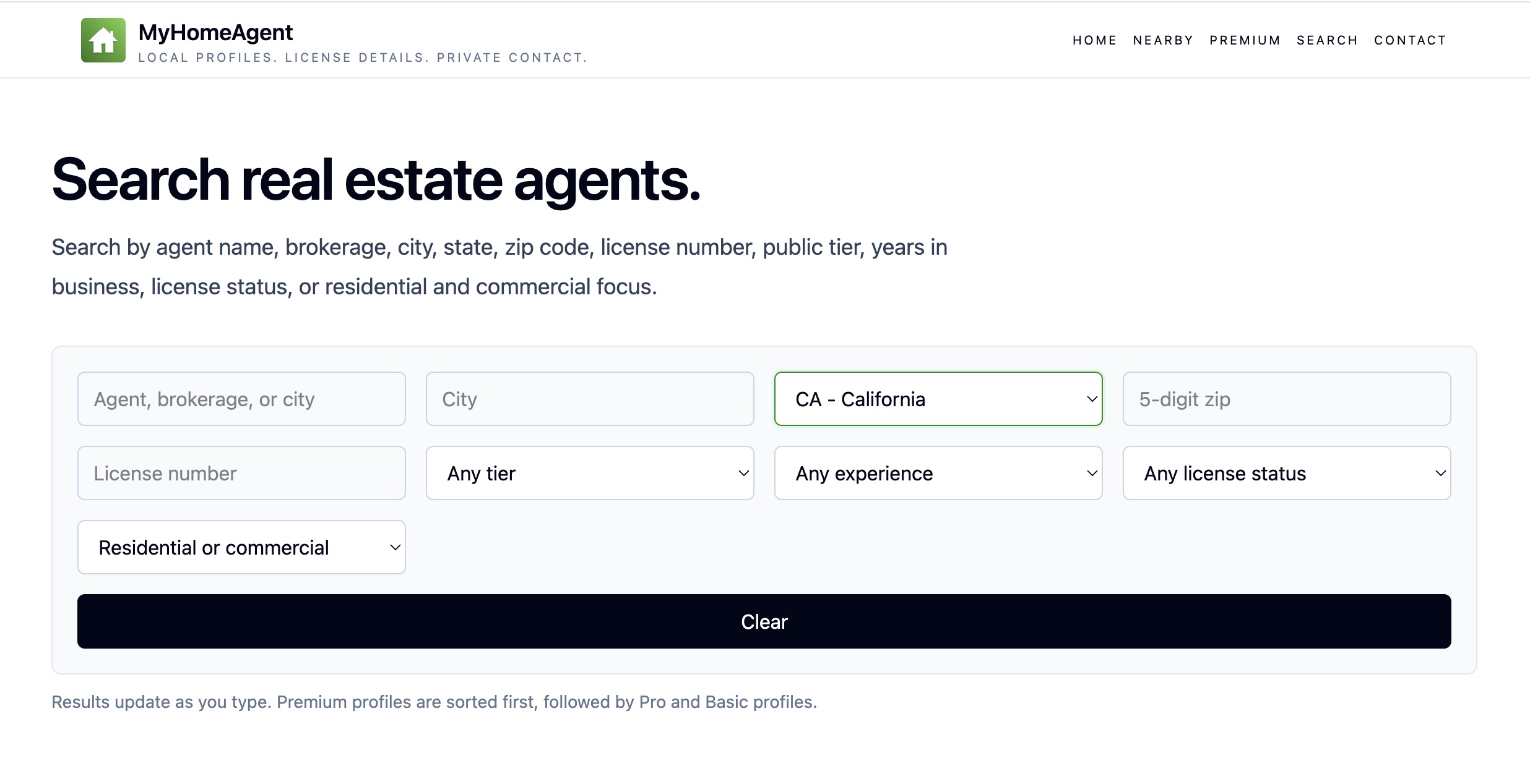 MyHomeAgent agent directory search and filter page