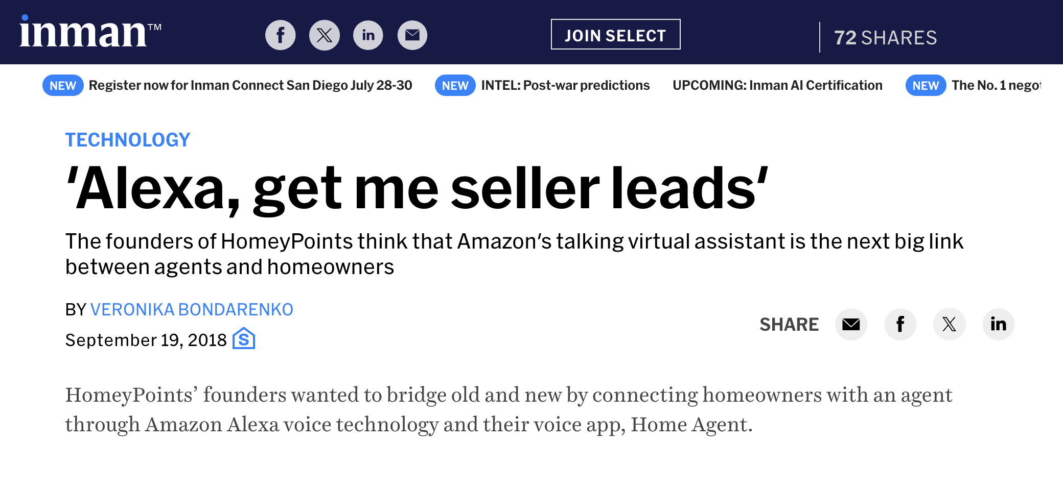 Inman article screenshot for Alexa, get me seller leads featuring HomeyPoints