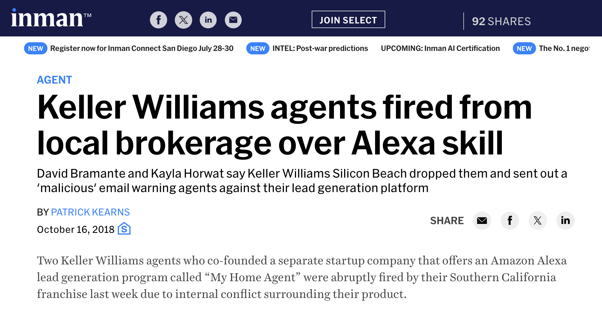 Inman article screenshot about Keller Williams agents and the HomeyPoints Alexa skill